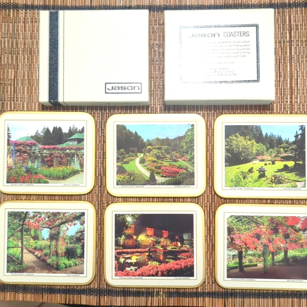 Vintage Coasters Set-6 Cork Back Butchart Gardens Canada Botanical Nature Table